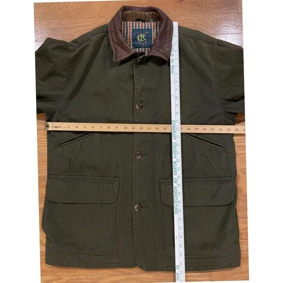 Club Room Chore Jacket Men Medium Olive Leather Collar Plaid Lined Utility Coat